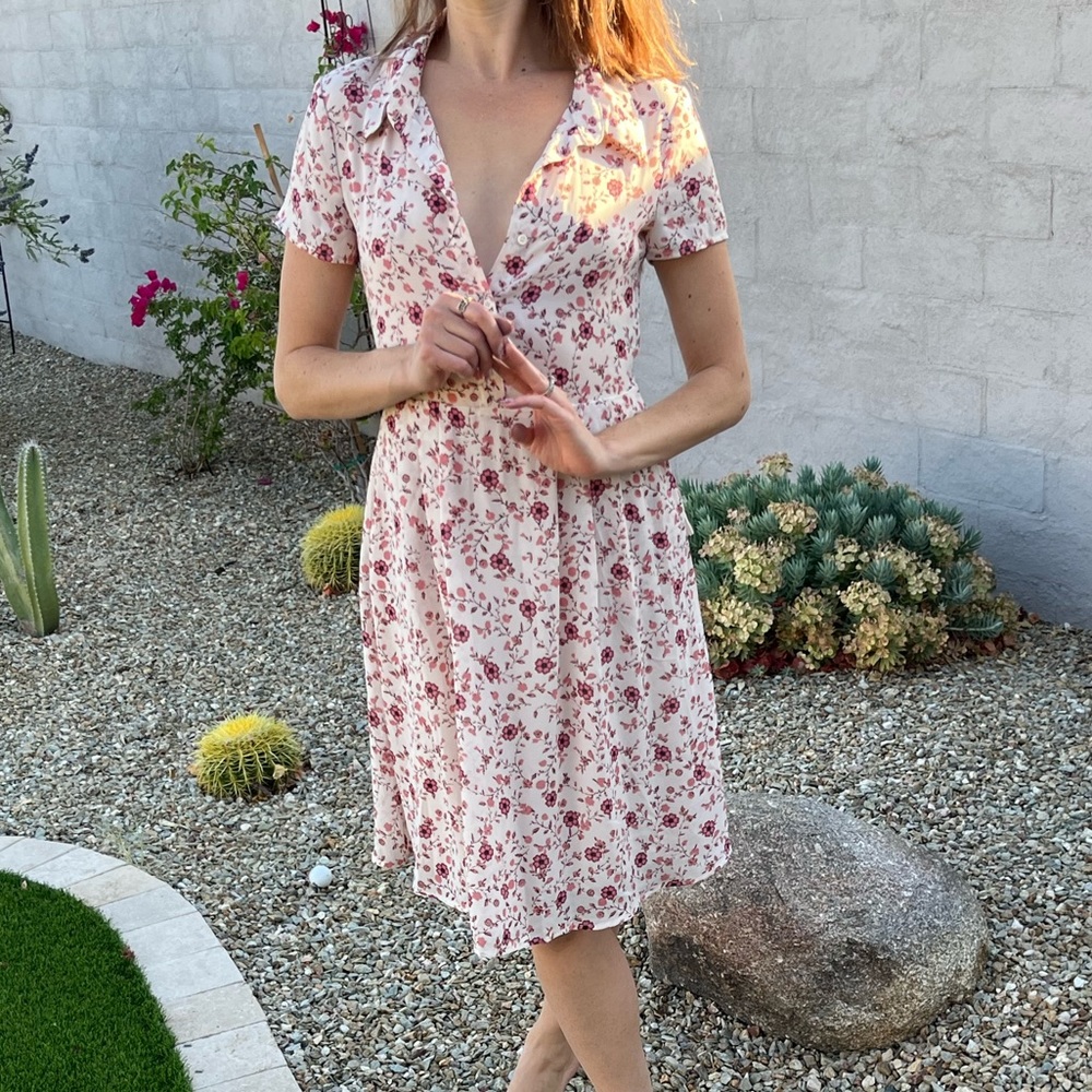 WAYF cream and pink floral shirt sleeve dress with button front sun dress - Picture 2 of 16